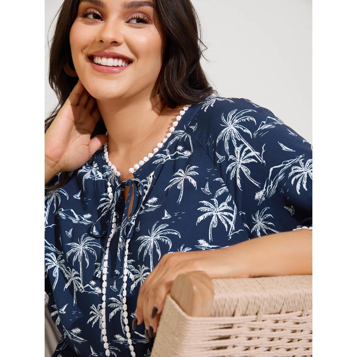 Plus Size Indigo Tropical Print Lace Trim Flowy Blouse Women Short sleeve V-neck Vacation Blouses BloomChic 14-16/1X Product Image