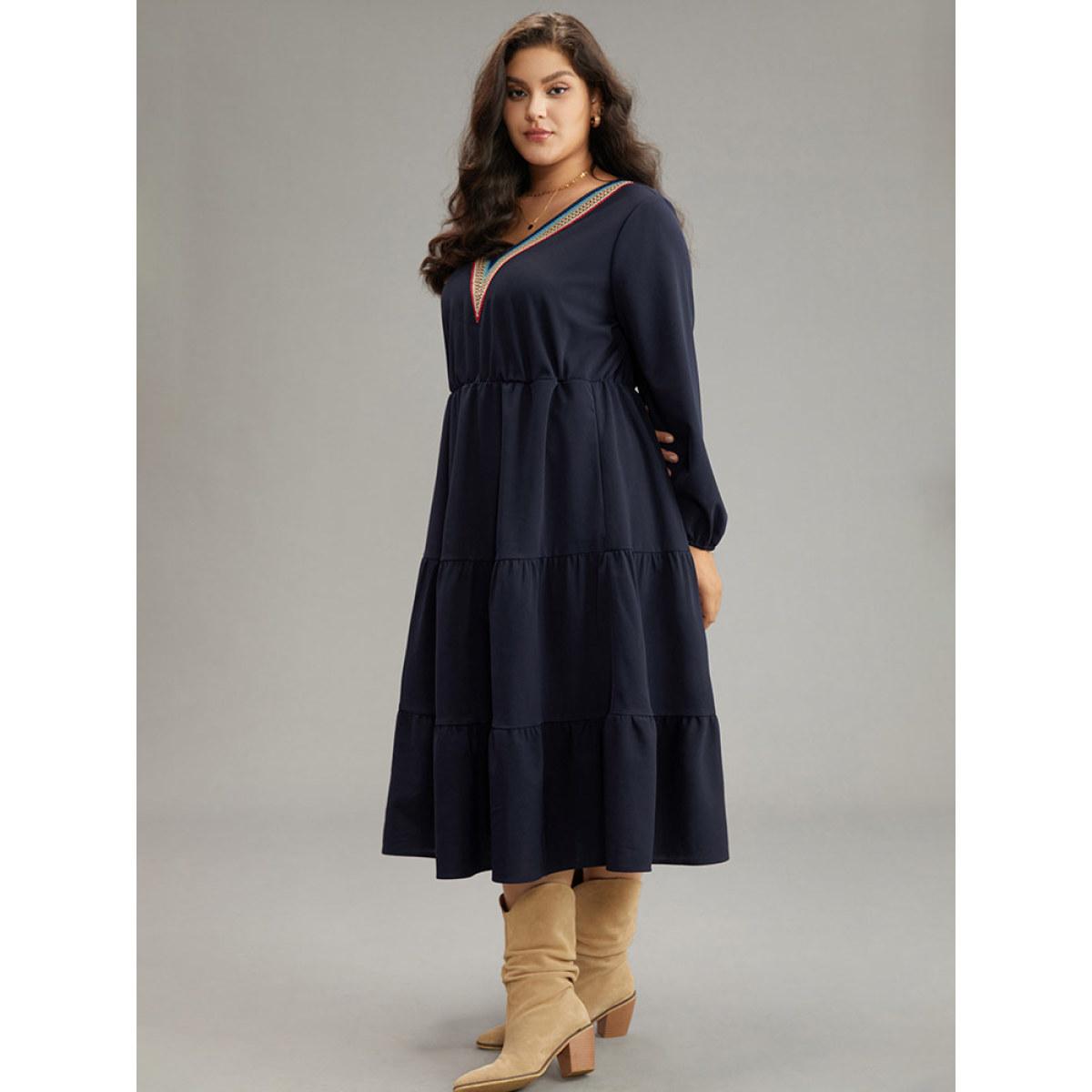 Plus Size Plain Contrast Webbing Elastic Waist Dress Midnight Women Casual Elastic cuffs V-neck Long Sleeve Curvy Midi Dress BloomChic 18-20/2X Product Image