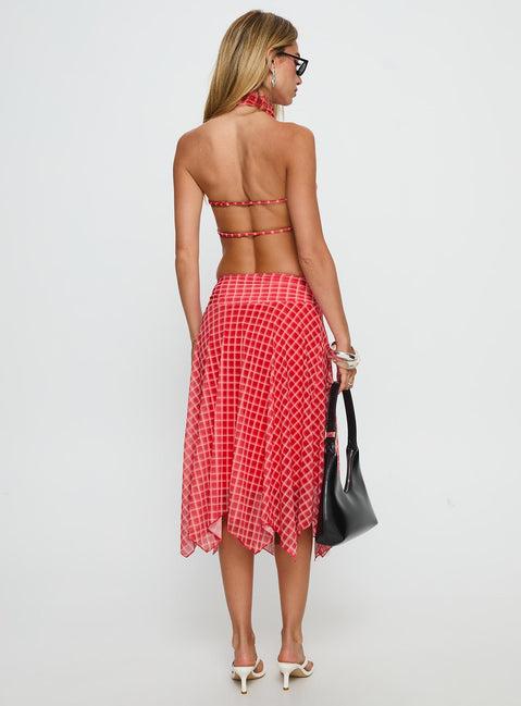 Scenic Route Asymmetrical Midi Skirt Red Check Product Image