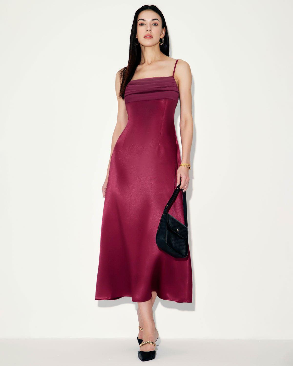 Red Satin Square Neck Slip Maxi Dress Product Image