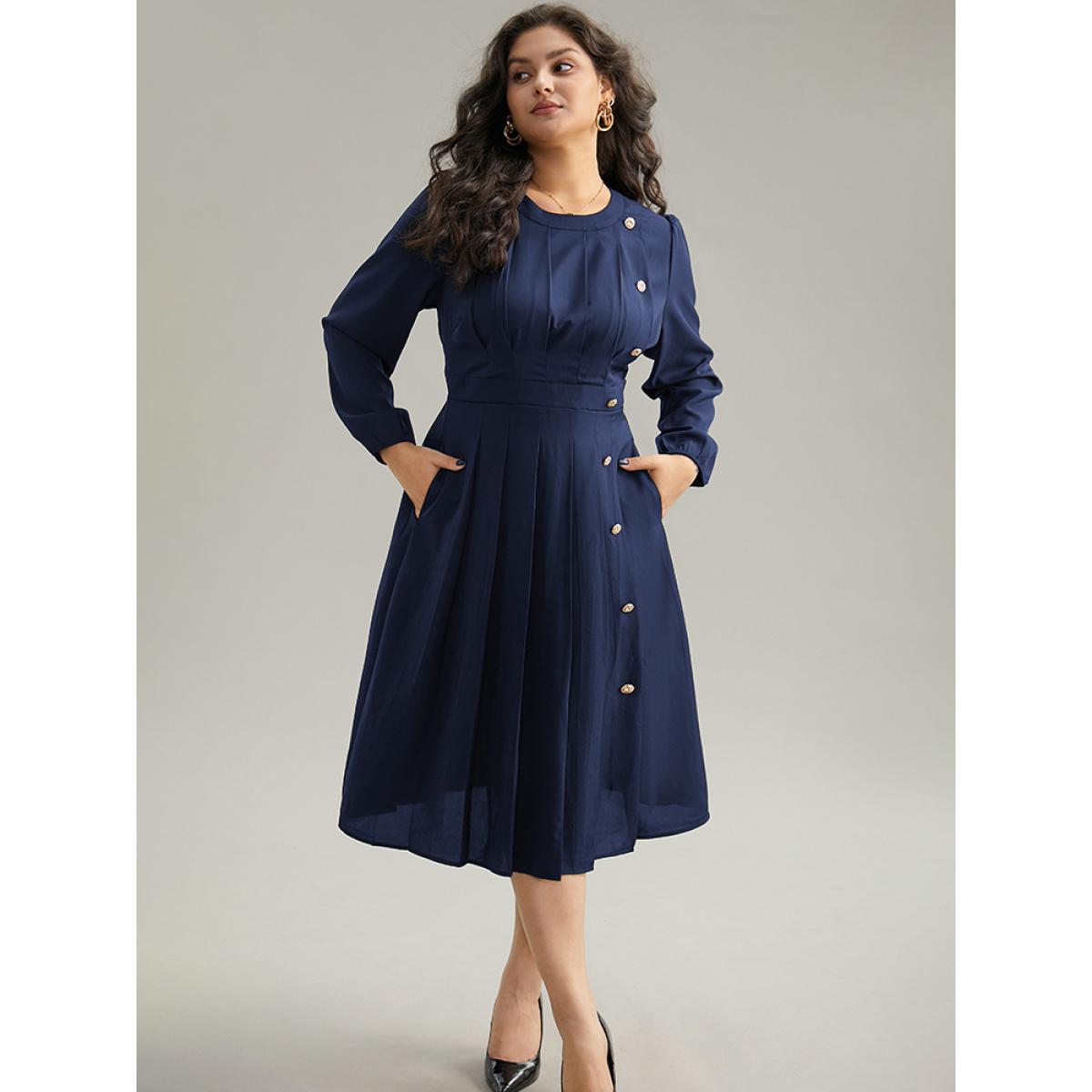 Plus Size Static-Free Metal Detail Plicated Detail Dress Navy Women Office Elastic cuffs Round Neck Long Sleeve Curvy Midi Dress BloomChic 18-20/2X Product Image