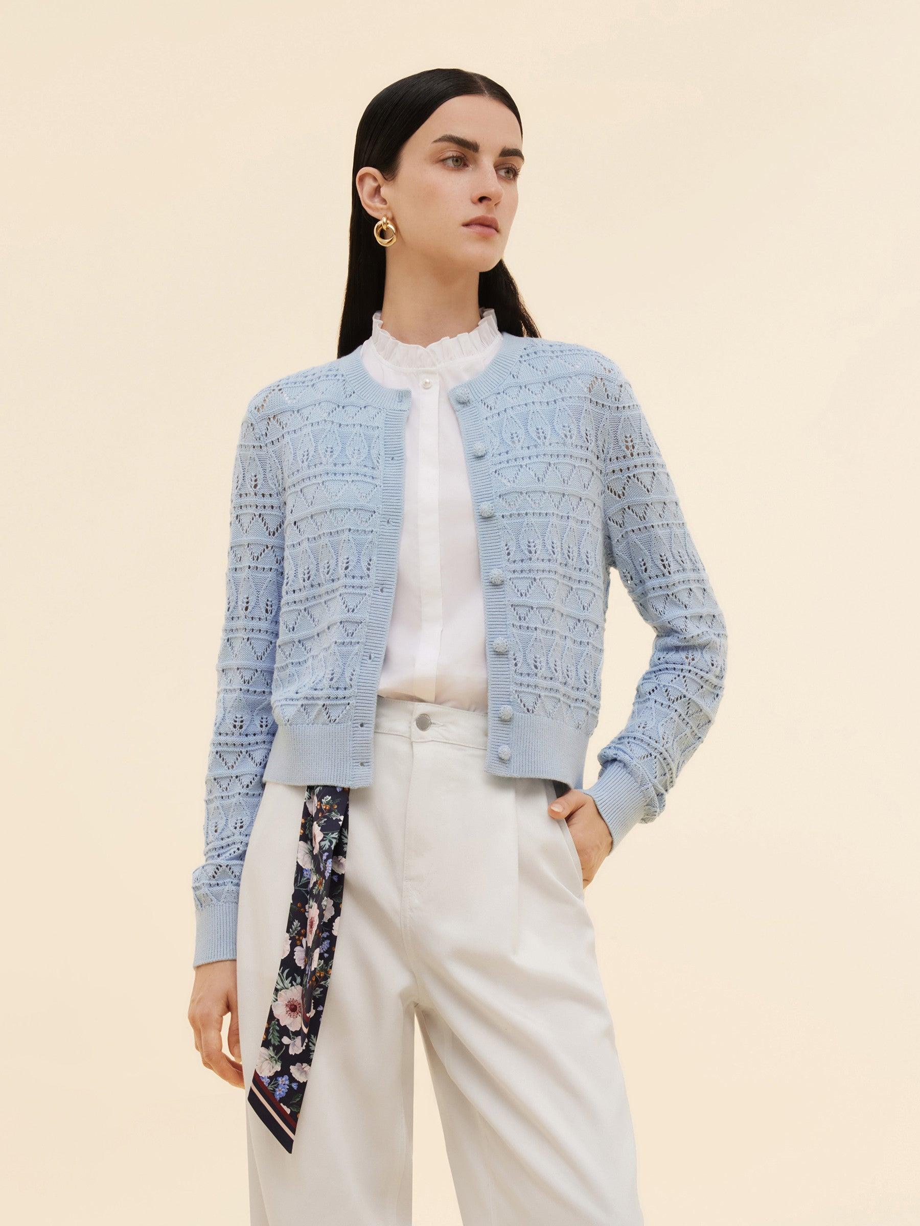 Cotton Openwork Women Round Neck Cardigan Product Image