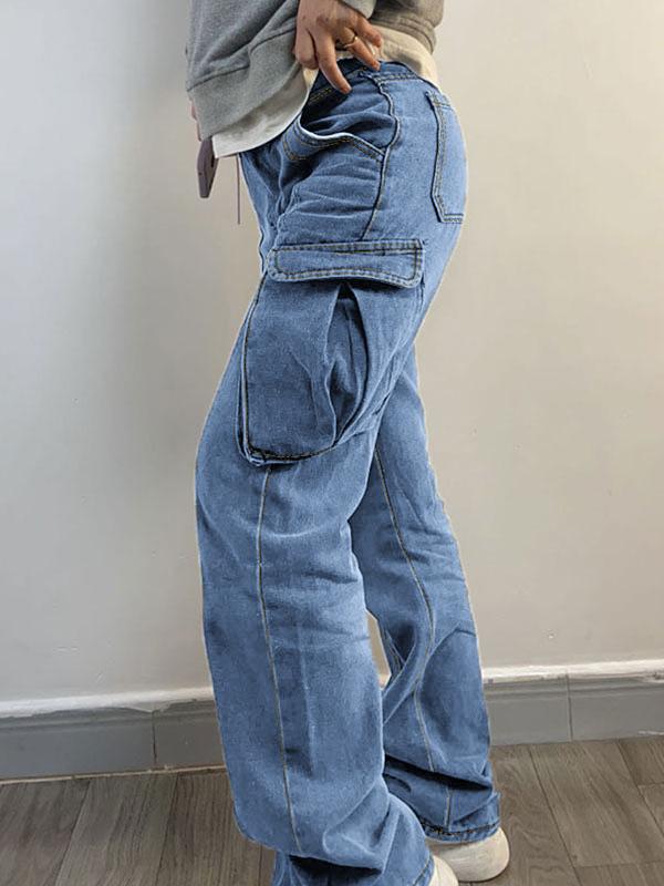 Washed Mid Waist Pocket Cargo Jeans Product Image