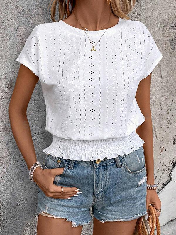 Loose Raglan Sleeve Elasticity Hollow Jacquard Solid Color Round-Neck T-Shirts Tops Product Image