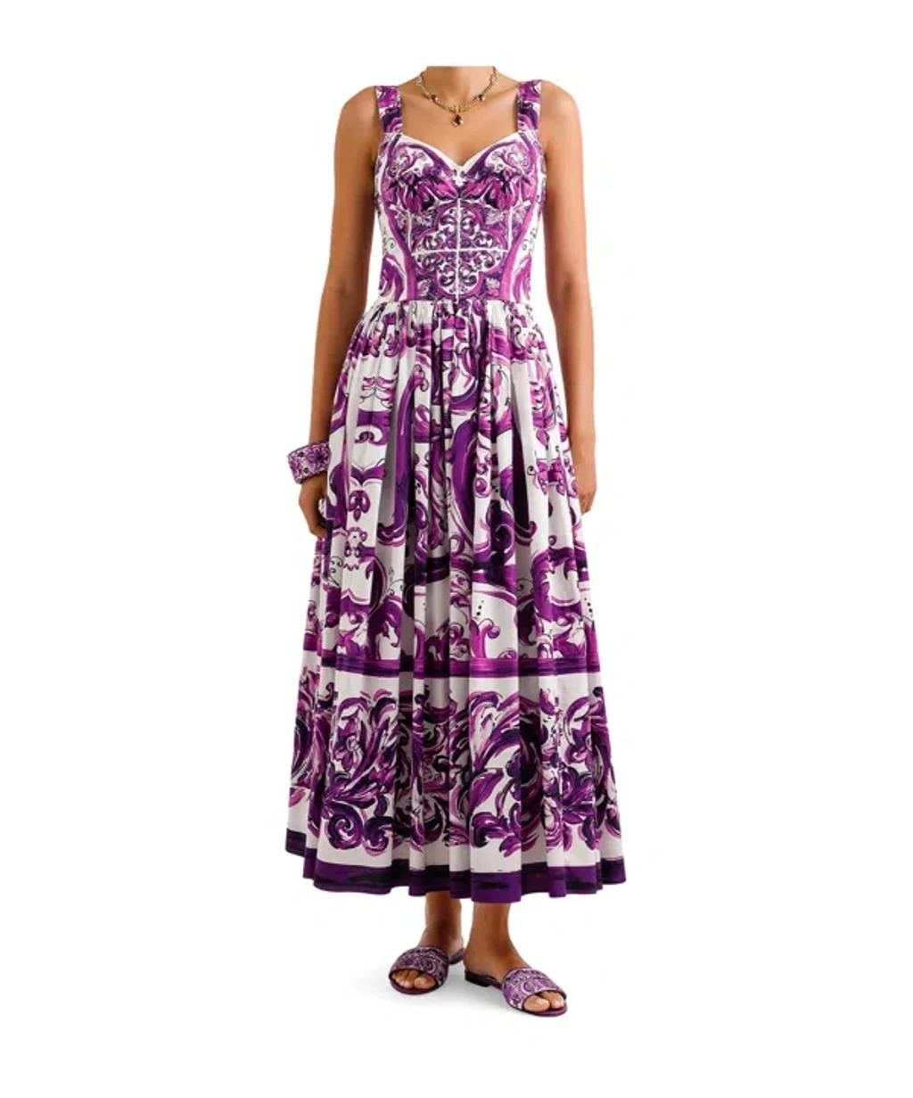 DOLCE & GABBANA Long Poplin Dress With Majolica Print In Purple Product Image