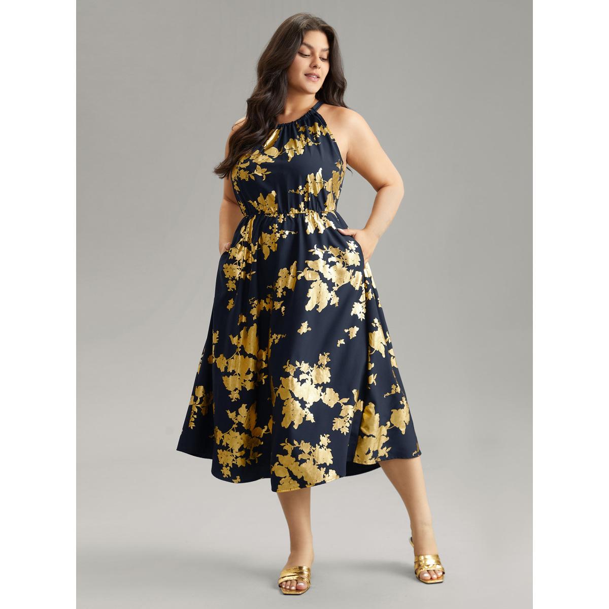 Plus Size Glitter Pocket Halter Keyhole Midi Dress DarkBlue Women Glamour Printed Round Neck Sleeveless Curvy Midi Dress BloomChic 14-16/1X Product Image