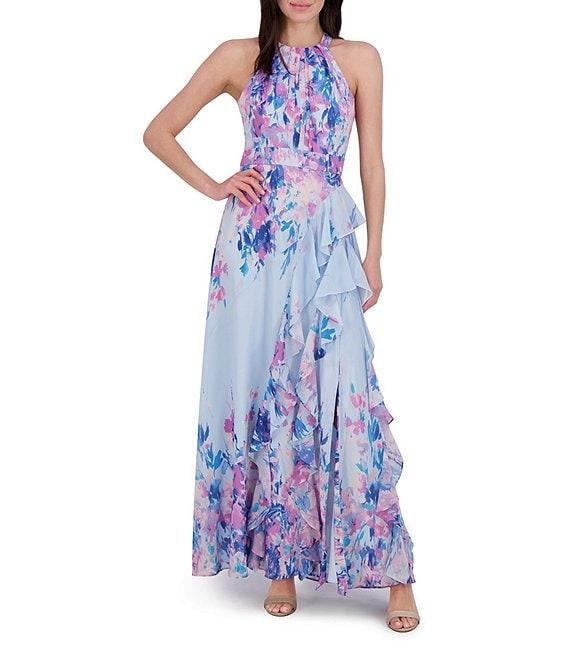 Eliza J Chiffon Floral Print Halter Neck Sleeveless Ruffle Gown Product Image
