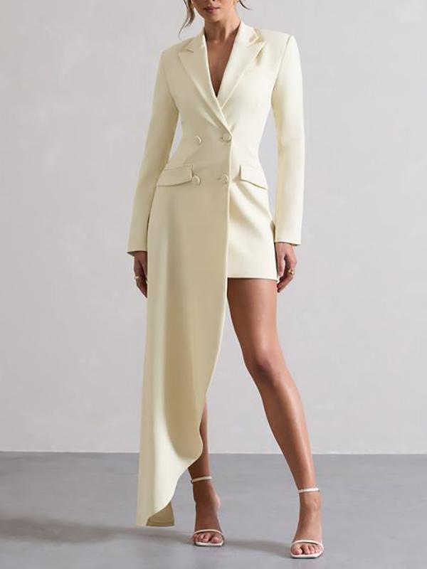 Long Sleeves Asymmetric Buttoned Pockets Solid Color Notched Collar Blazer Maxi Dress Product Image