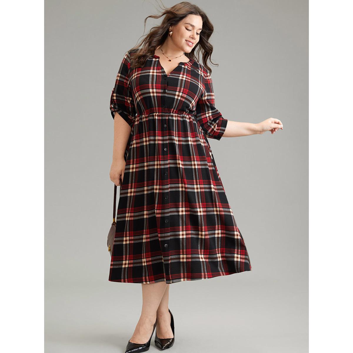Plus Size Plaid Notched Elastic Waist Tab Sleeve Dress Raspberry Women Office Printed Notched collar Elbow-length sleeve Curvy Midi Dress BloomChic 12/L Product Image