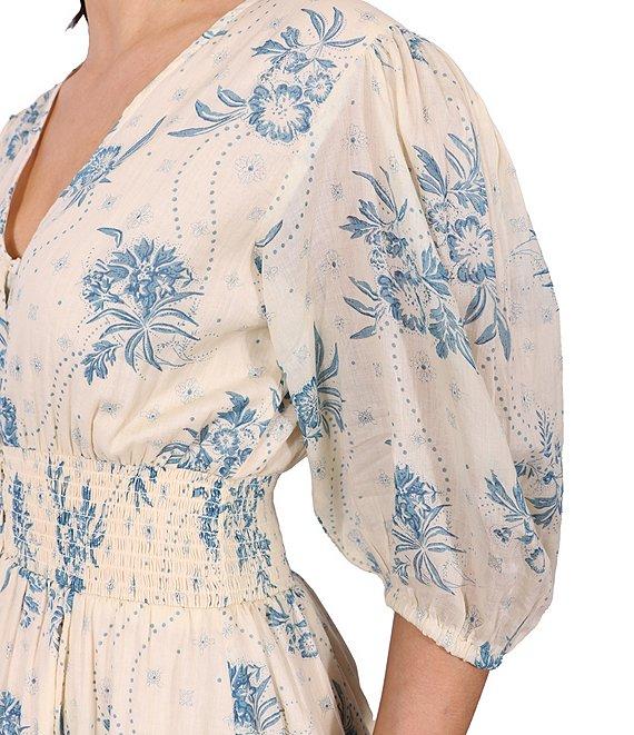 Talisman V-Neck Short Puff Sleeve Bluebell Print Halo Maxi Dress Product Image