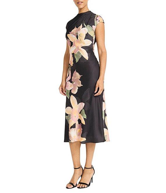 Maggy London Floral Print Charmeuse High Neck Cap Sleeve Bias Cut Sheath Dress Product Image