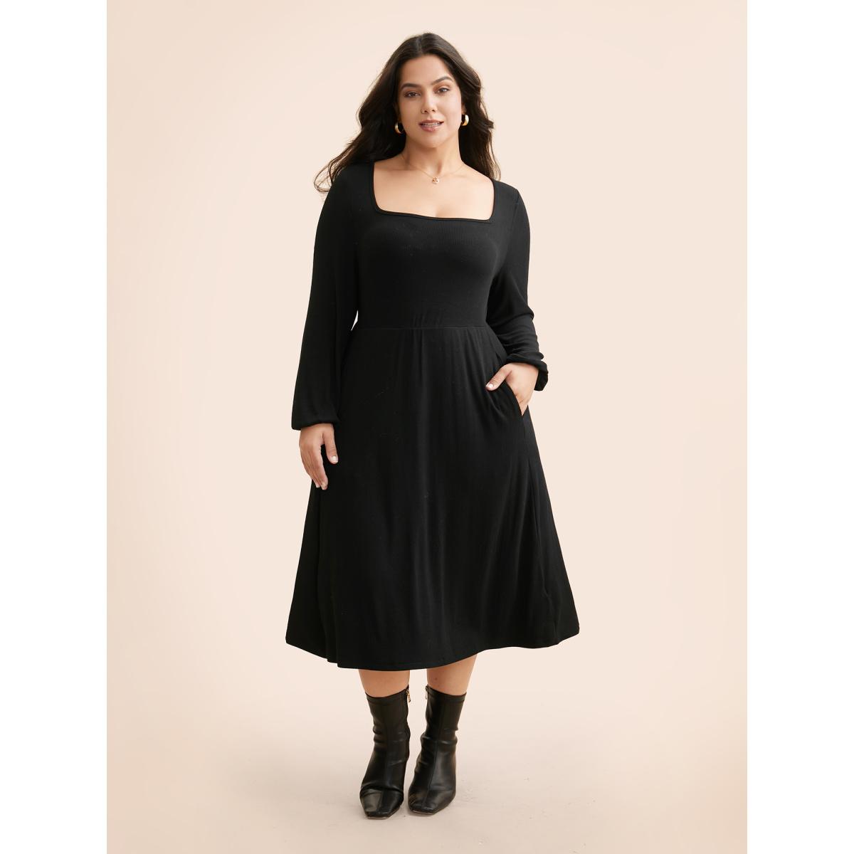 Plus Size Supersoft Essentials Elastic Waist Midi Dress Black Women Basics Texture Square Neck Long Sleeve Curvy BloomChic 18-20/2X Product Image