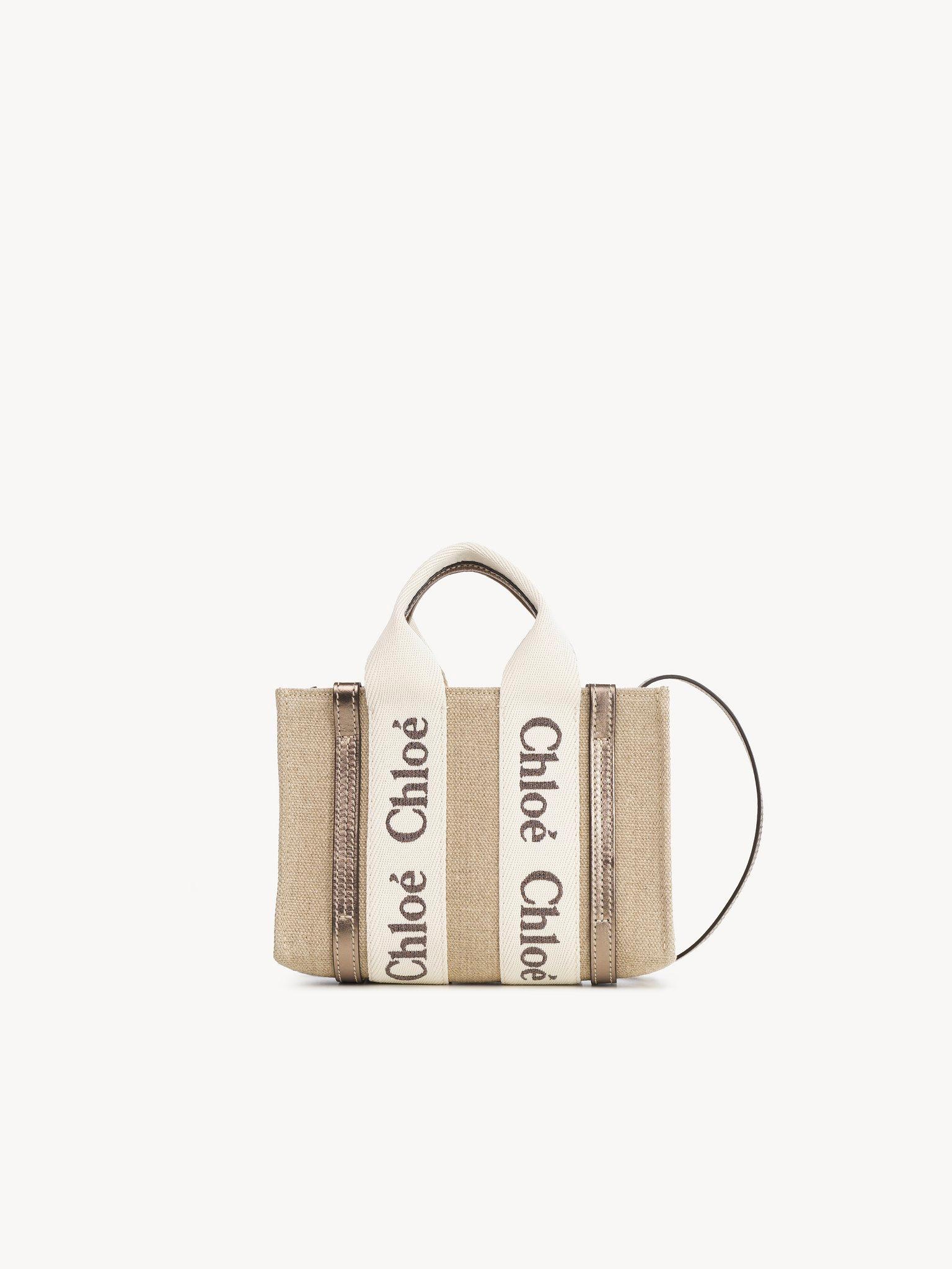 Mini Woody tote bag in linen & leather Product Image