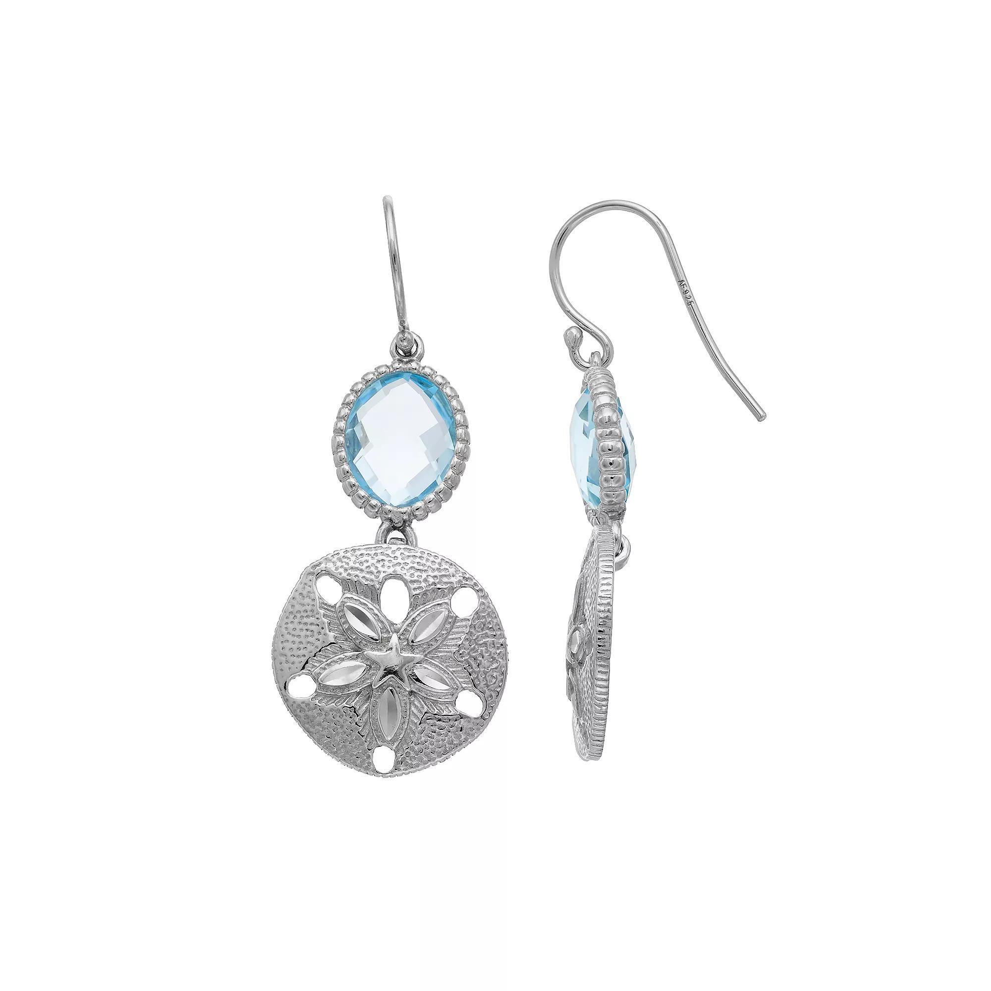 Sterling Silver Blue Topaz Sand Dollar Drop Earrings, Women's Product Image