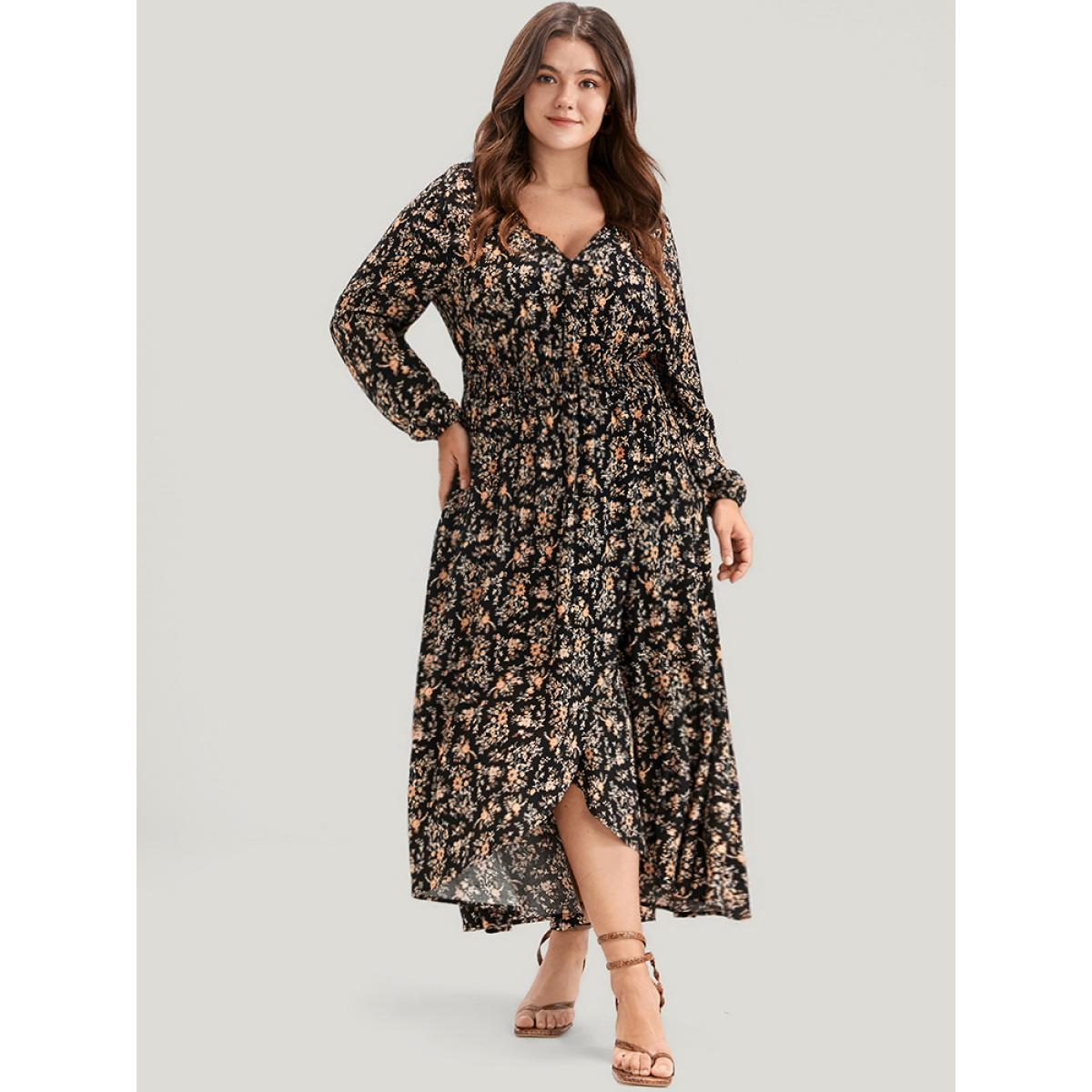 Plus Size Floral Wrap Lantern Sleeve Pocket Shirred Asymmetrical Hem Dress Black Women Elegant Pocket V-neck Long Sleeve Curvy Long Dress BloomChic 26/4X Product Image