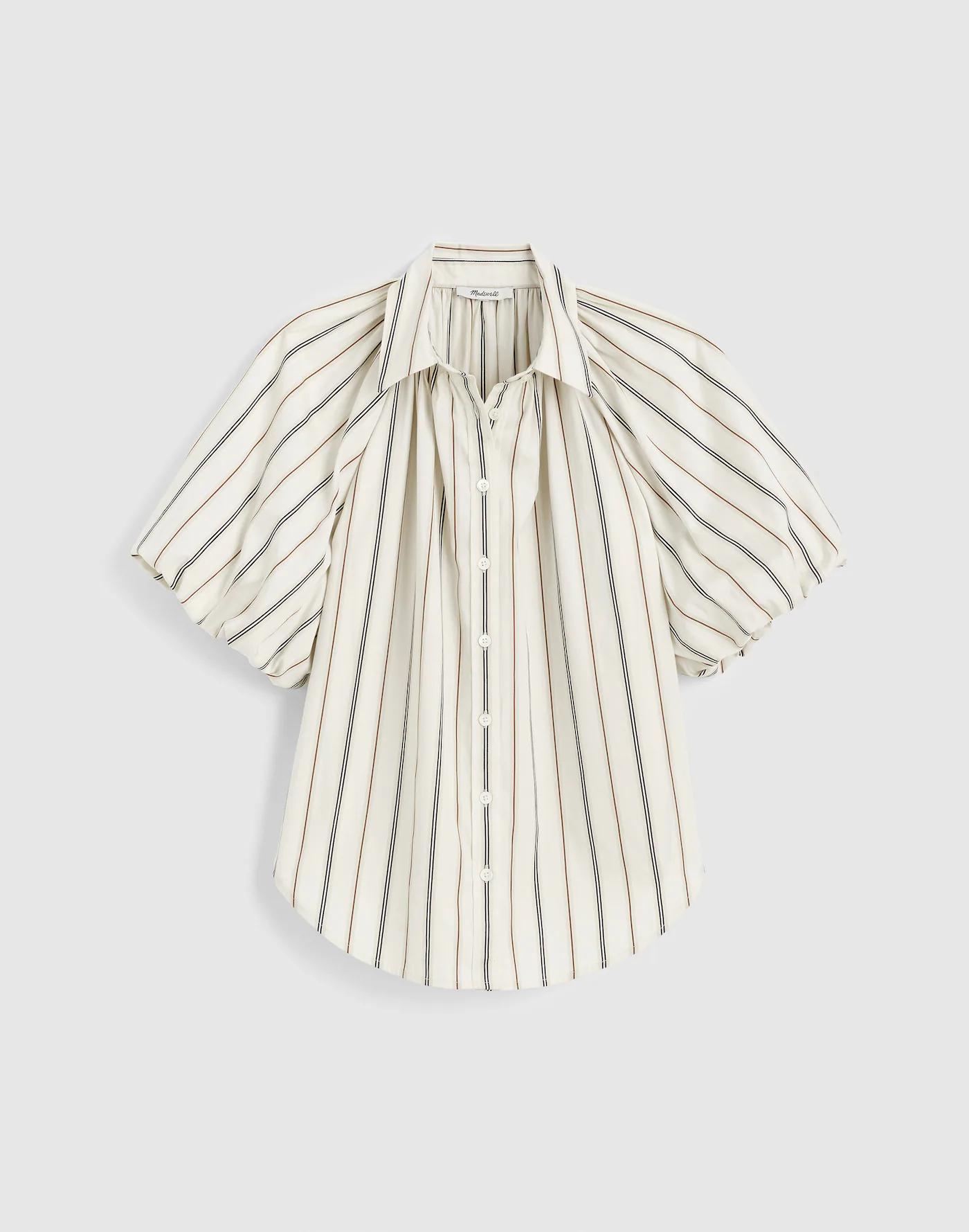 Shirred Bubble-Sleeve Button-Up Shirt in Poplin Product Image