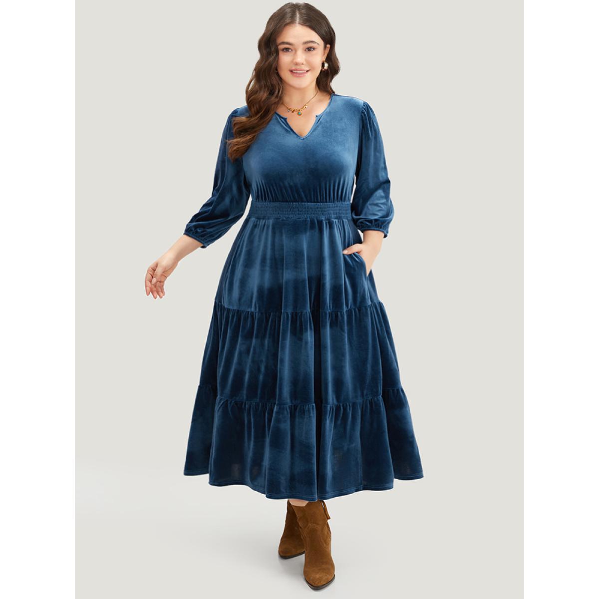 Plus Size Velvet Solid Notched Shirred Tiered Hem Dress Cerulean Women Vacation Elastic cuffs Notched collar Elbow-length sleeve Curvy Midi Dress BloomChic 14-16/1X Product Image