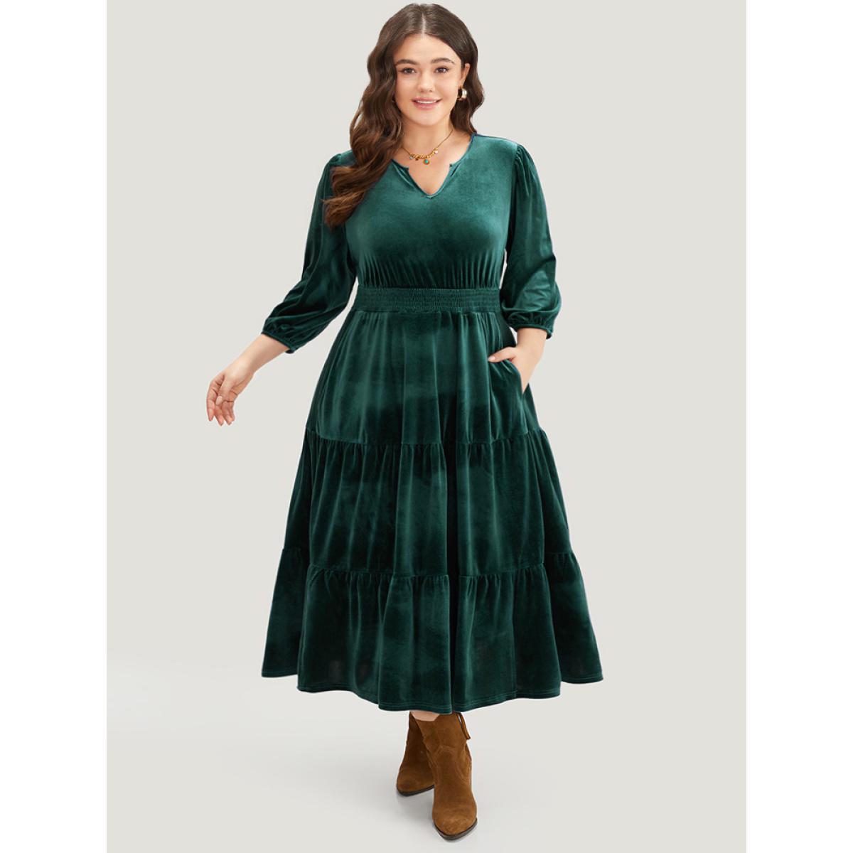 Plus Size Velvet Solid Notched Shirred Tiered Hem Dress DarkGreen Women Vacation Elastic cuffs Notched collar Elbow-length sleeve Curvy Midi Dress BloomChic 26/4X Product Image