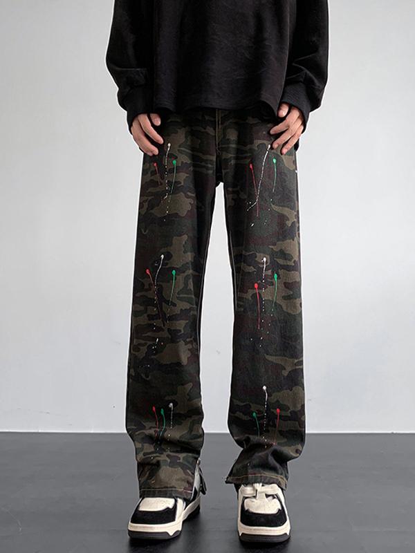 Men's Camo Splash Ink Print Side Zip Up Loose Jeans Product Image