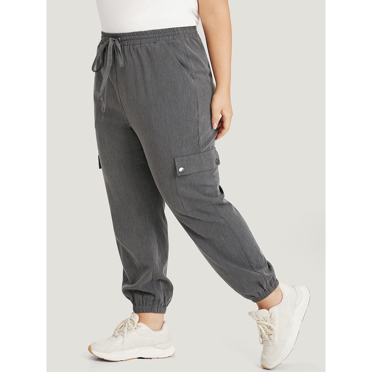 Plain Eyelet Drawstring Flap Pocket Sweatpants DimGray Plus Size Women Casual Dailywear Drawstring 22-24/3X Bloomchic Product Image