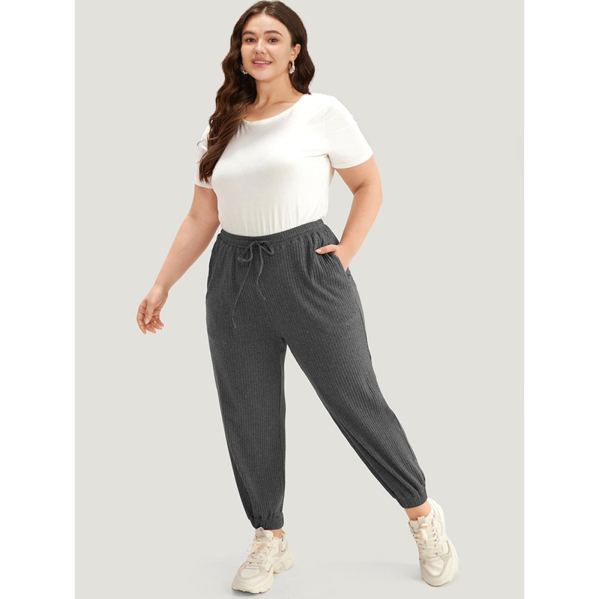 Rib Knit Elastic Waist Drawstring Sweatpants DimGray Plus Size Women Casual Dailywear Texture 26/4X Bloomchic Product Image