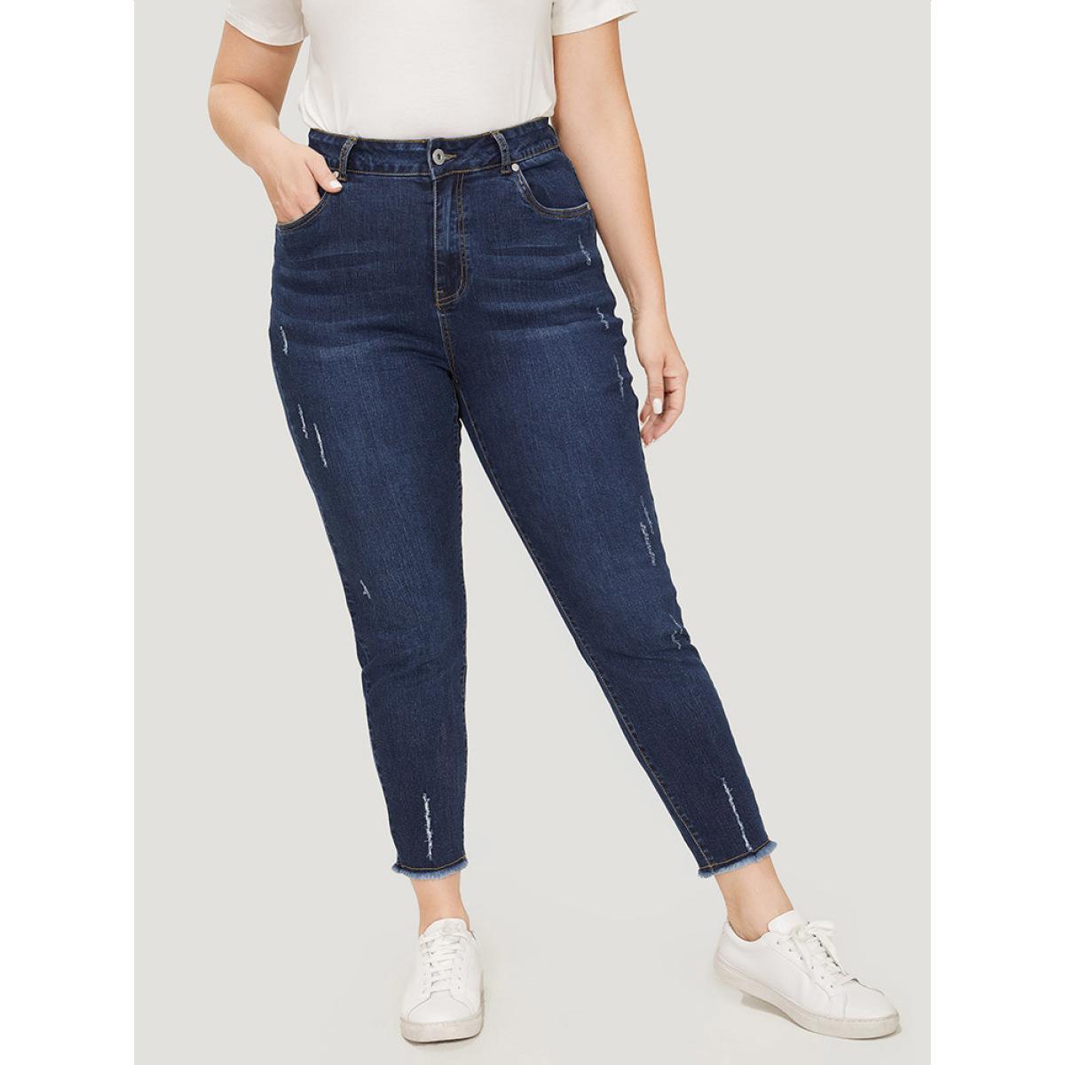 Plus Size Straight Leg Very Stretchy Raw Hem Jeans Women DarkBlue Casual Plain High stretch Pocket Jeans BloomChic 10/M Product Image