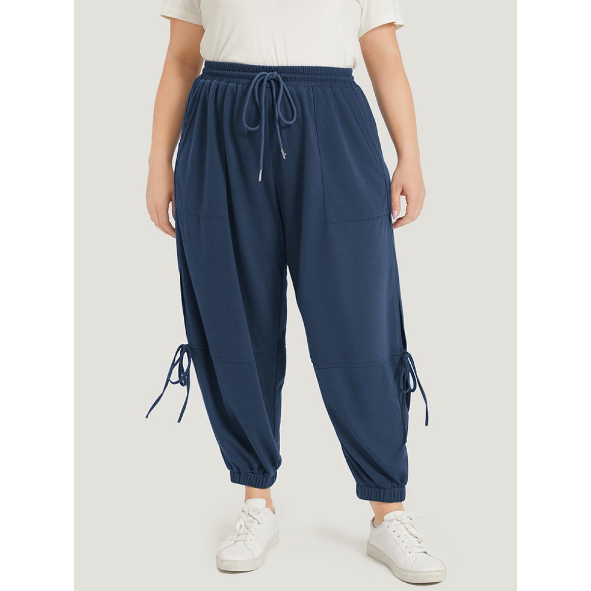 Solid Drawstring Pocket Ties Cut Out Sweatpants Aegean Plus Size Women Casual Dailywear Plain 14-16/1X Bloomchic Product Image