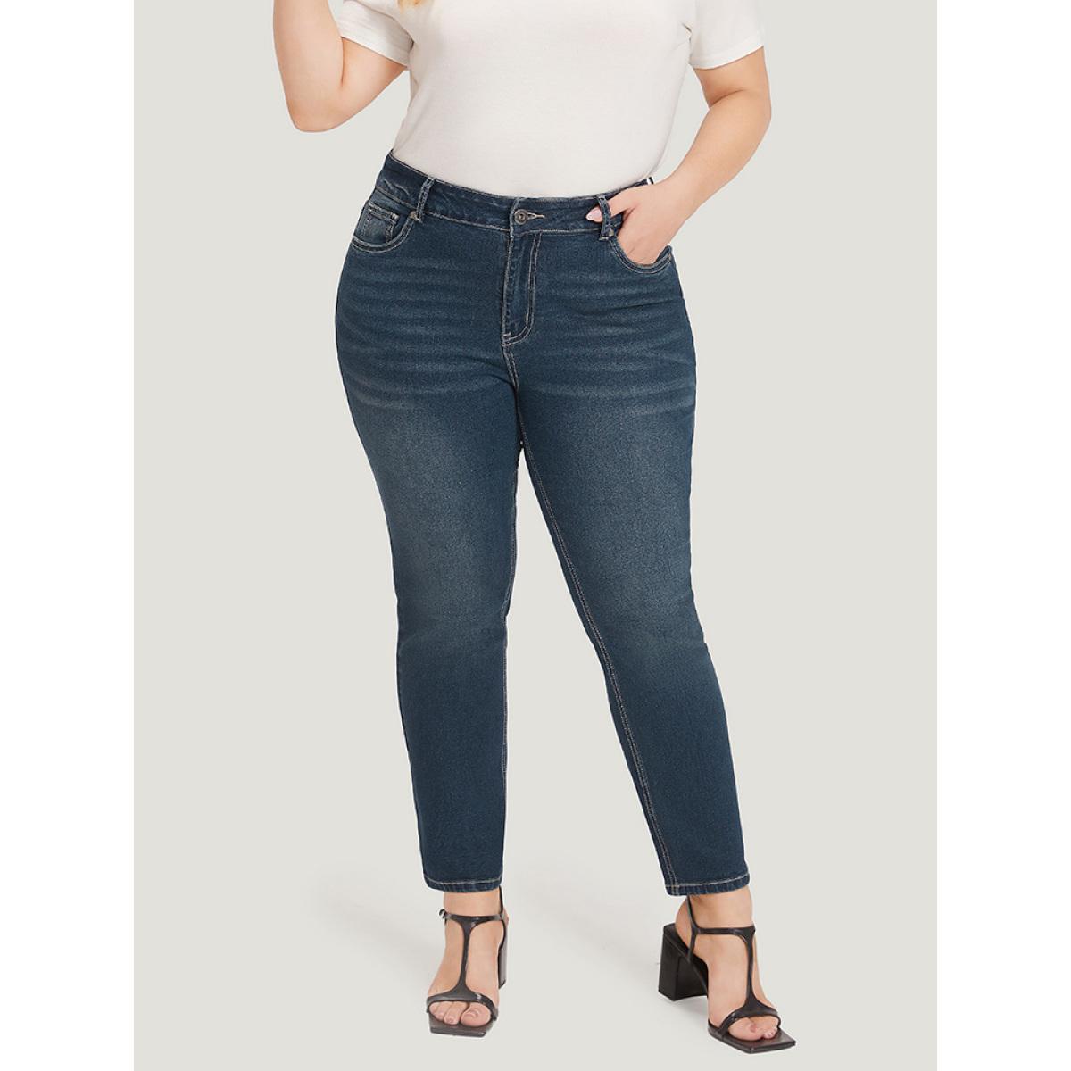 Plus Size Solid High Rise Pocket Dark Wash Jeans Women Midnight Casual Plain Plain High stretch Pocket Jeans BloomChic 22/3X Product Image