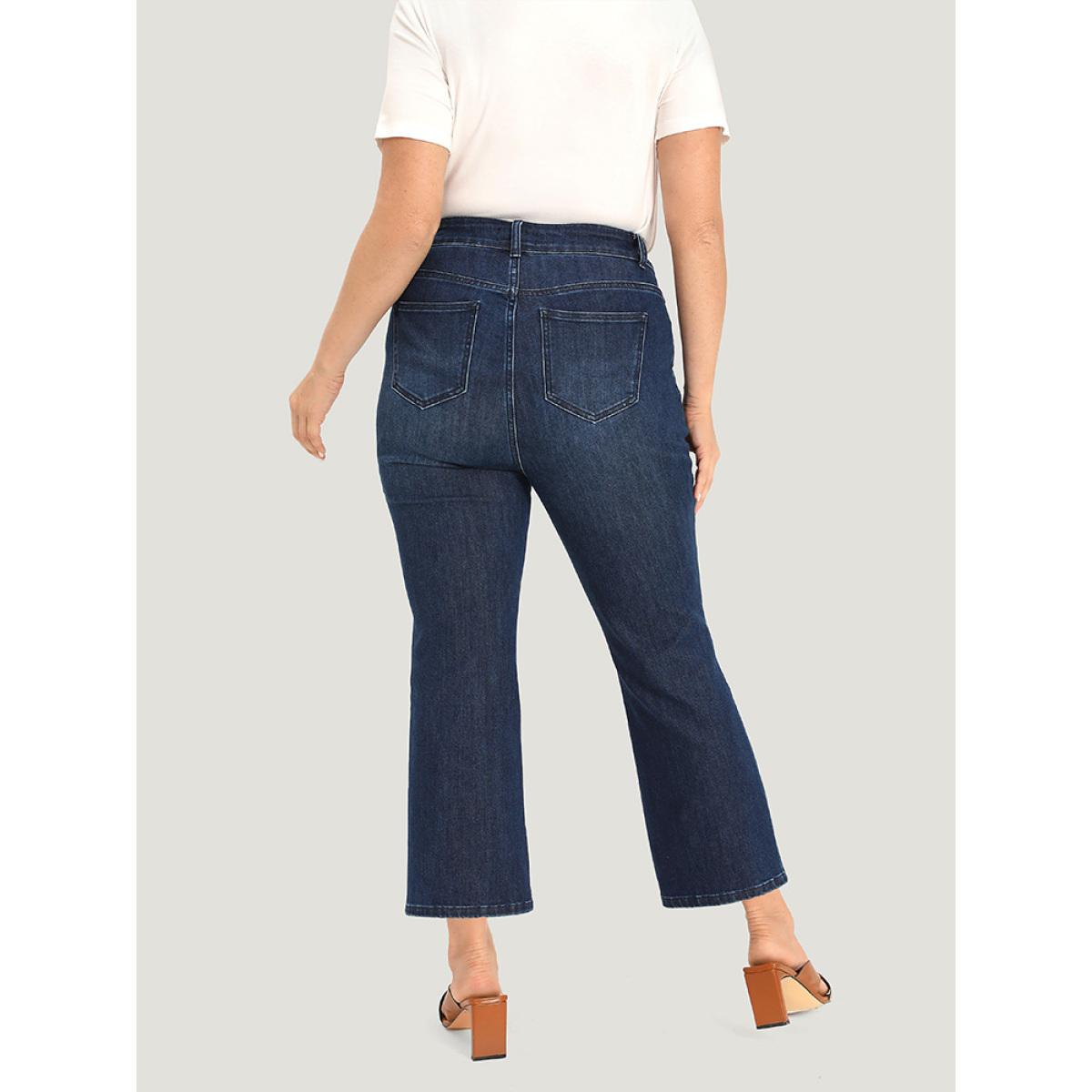 Plus Size Plain Button Fly High Rise Bootcut Jeans Women DarkBlue Casual Plain Plain Medium stretch Pocket Jeans BloomChic 14/1X Product Image