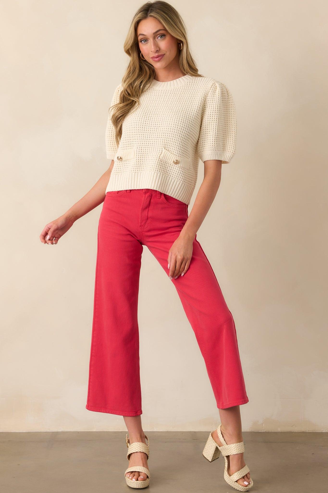 Into The Clouds Red Cropped Wide Leg Jeans Product Image