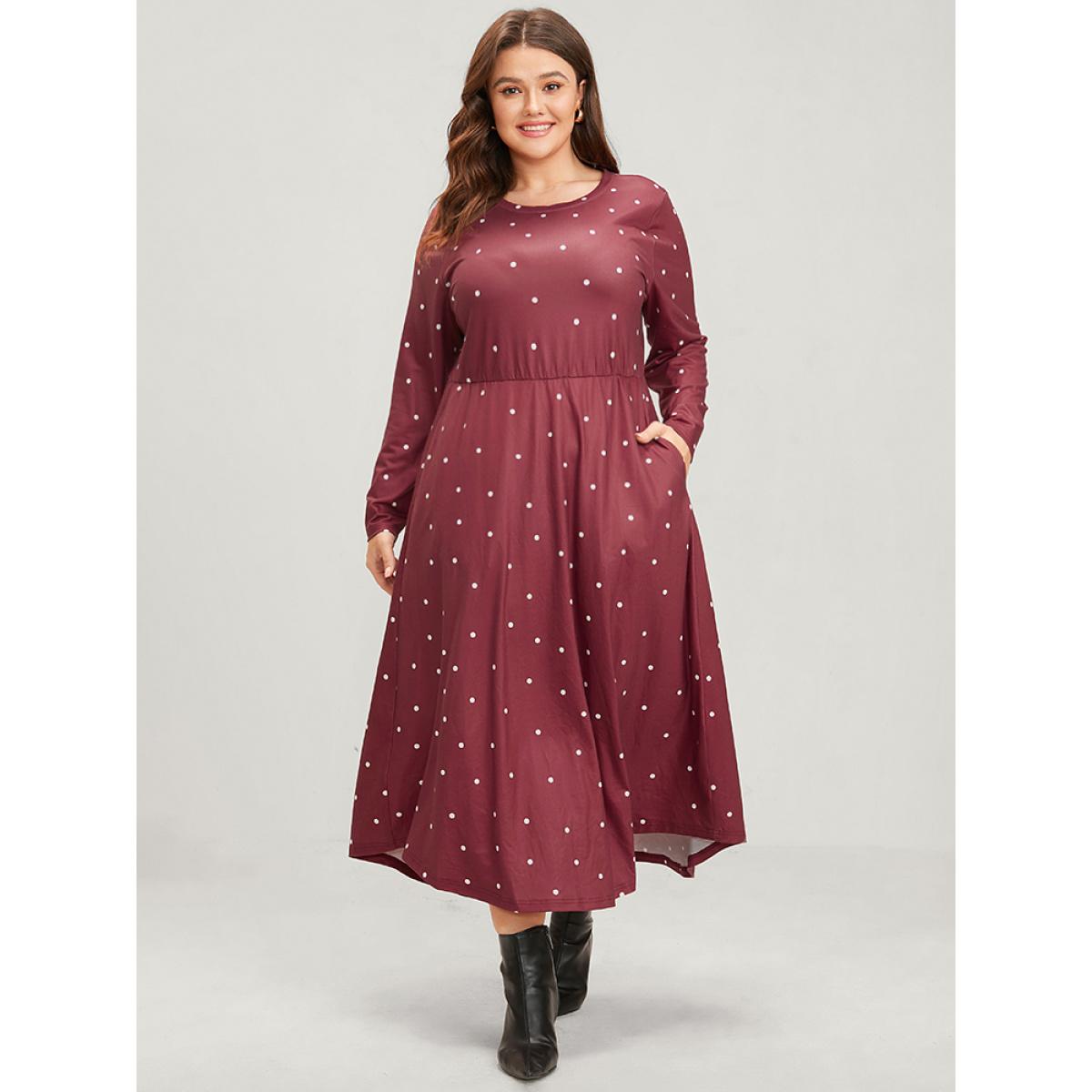 Plus Size Polka Dot Pocket Round Neck Midi Dress DustyPink Women Elegant Pocket Round Neck Long Sleeve Curvy Midi Dress BloomChic 14-16/1X Product Image
