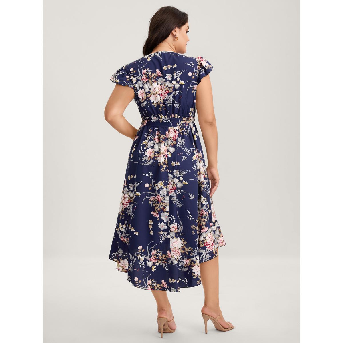 Plus Size Midnight Blooms Wrap A-Line Midi Dress Navy Women Romantic Overlap Collar Cap Sleeve Curvy BloomChic 28/5X Product Image