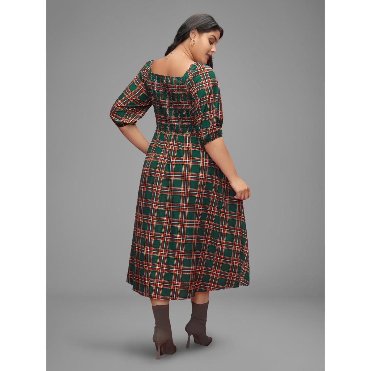 Plus Size Square Neckline Plaid Smocked Bodice Midi Dress Emerald Women Casual Shirred Square Neck Elbow-length sleeve Curvy BloomChic 22-24/3X Product Image
