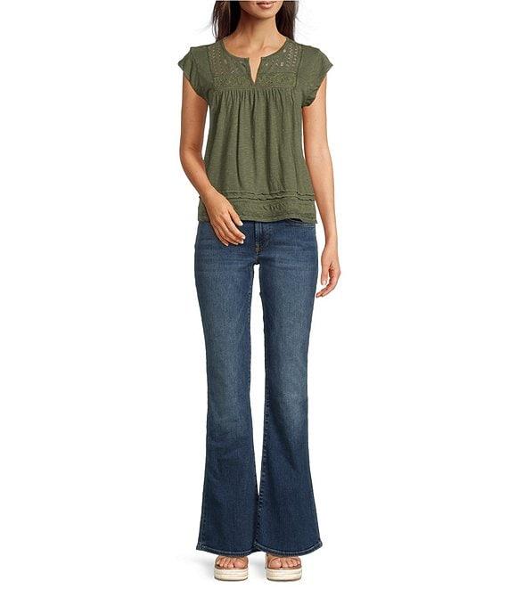 Lucky Brand Knit Lace V-Neck Short Sleeve Top Product Image