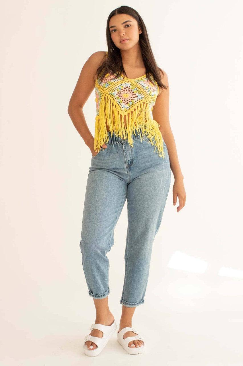 Yellow Floral Crochet Fringe Top Product Image