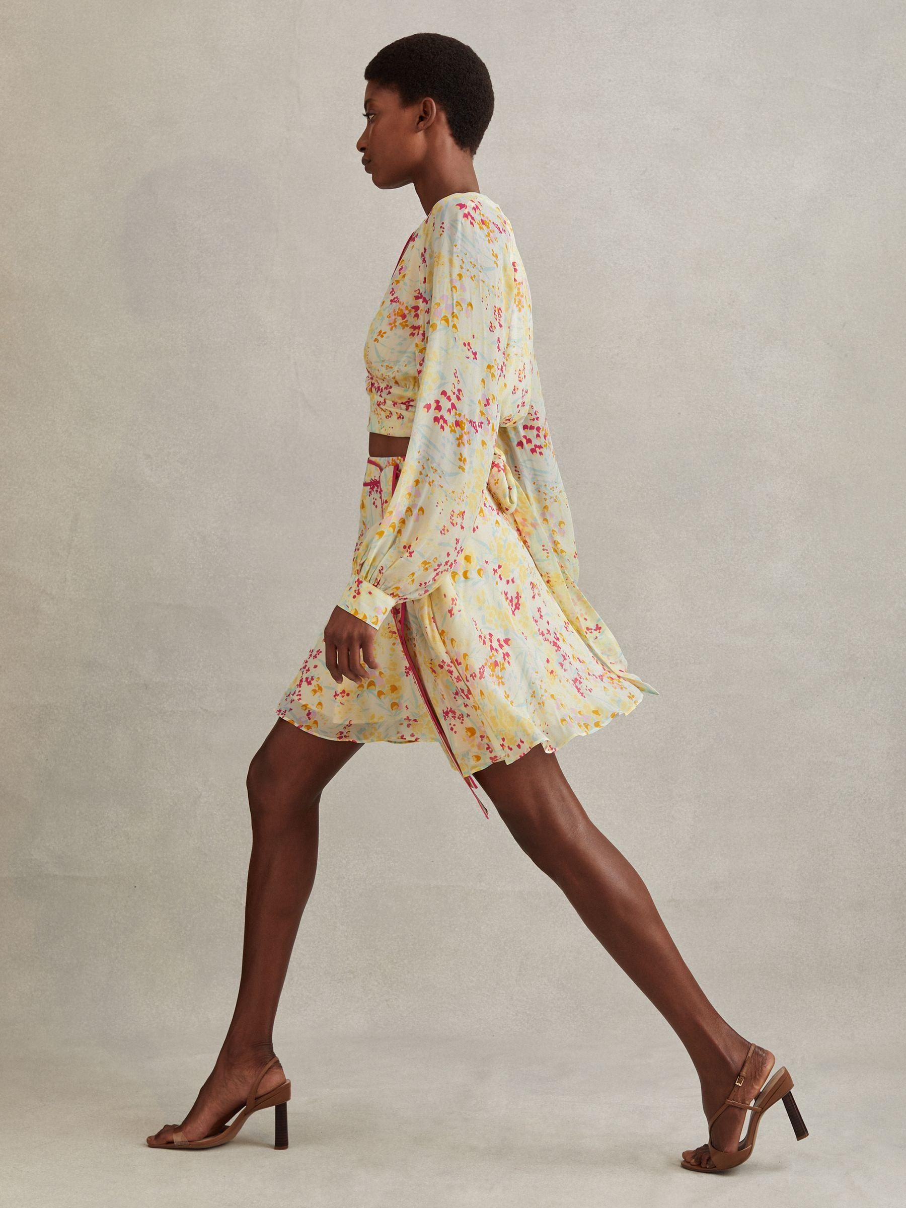 Floral Print Tie Waist Mini Skirt in Pink/Yellow Product Image