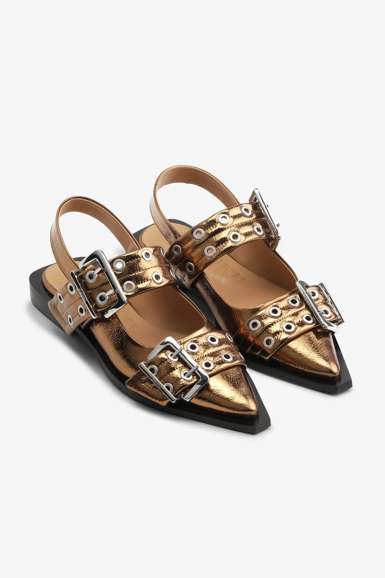 Brown Metallic Feminine Buckle Ballerinas Product Image