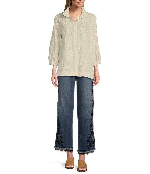 John Mark Stretch-Denim Embroidered Wide Leg Lace Hem Ankle Jean Product Image