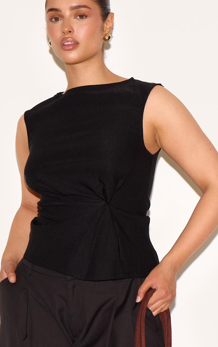 Shape Black Stretch Woven Boat Neck Pleated Peplum Top Product Image