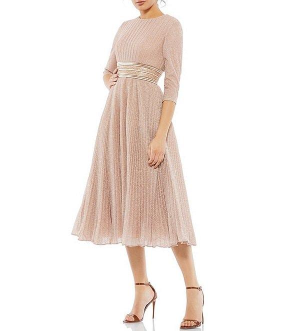 Mac Duggal Crew Neck 3/4 Sleeve Pleated A-Line Midi Dress Product Image