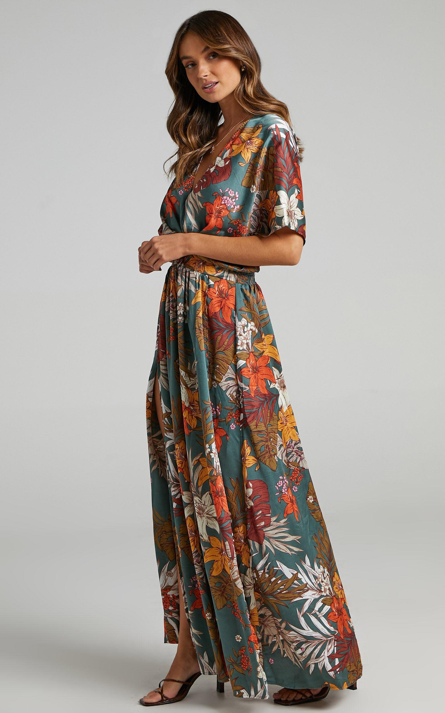 Vacay Ready Maxi Dress - Plunge Thigh Split Dress in Teal Floral Satin Product Image