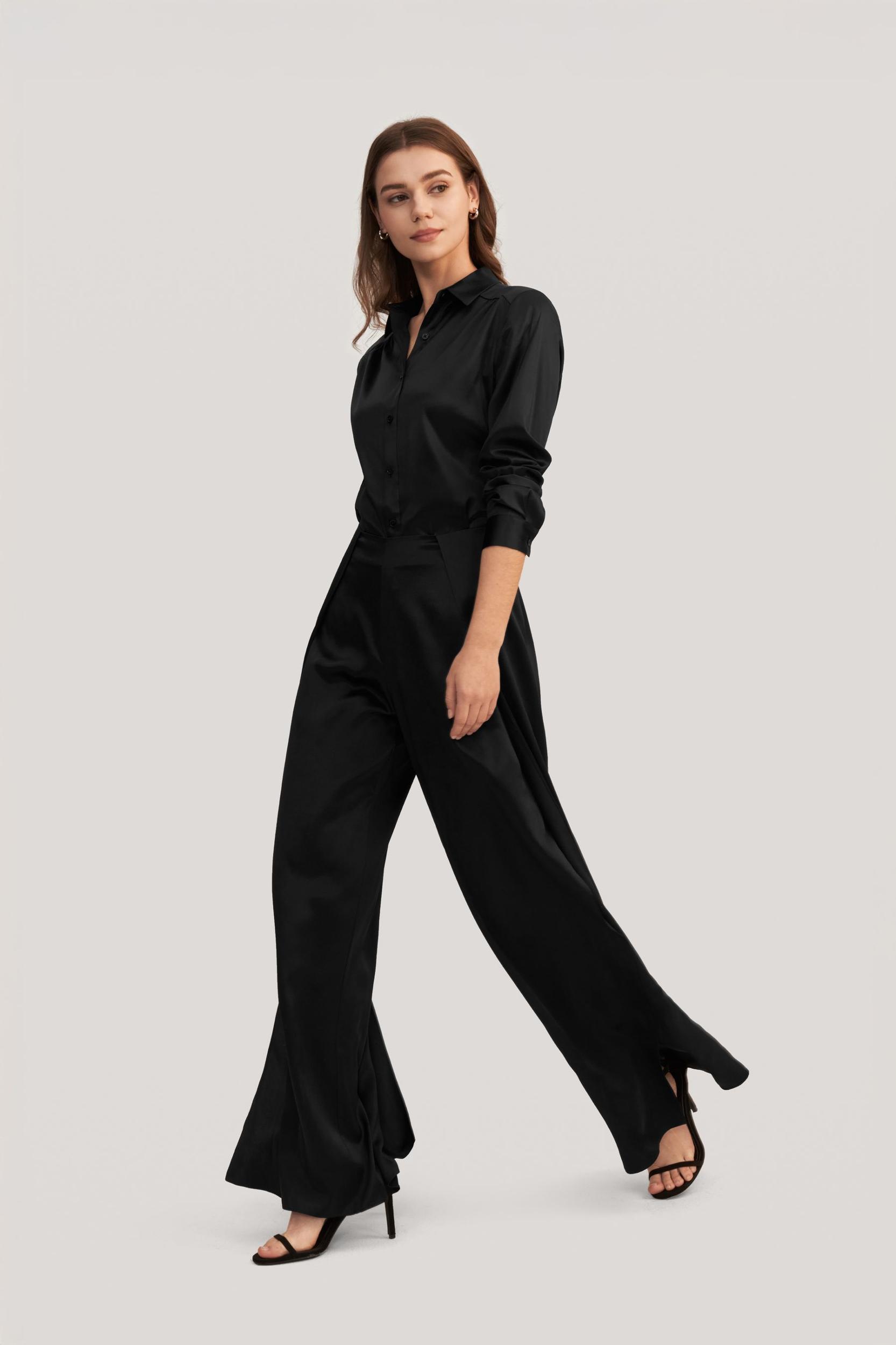 Long Sleeves Collared Silk Blouse Product Image