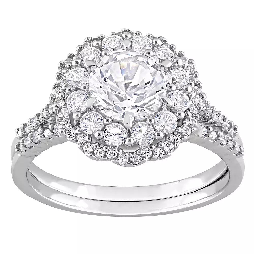 Stella Grace 10K White Gold Lab Created White Sapphire and 1/10 carat T.W. Diamond Halo Bridal Ring Set, Women's,  Product Image
