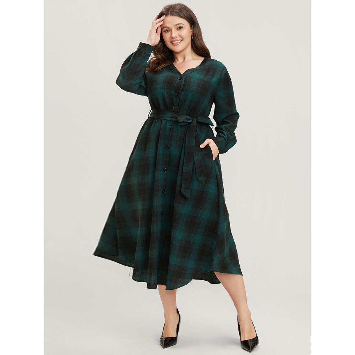 Plus Size Plaid Pocket Button Detail Belted Asymmetrical Hem Dress Emerald Women Elegant Button V-neck Long Sleeve Curvy Midi Dress BloomChic 22-24/3X Product Image