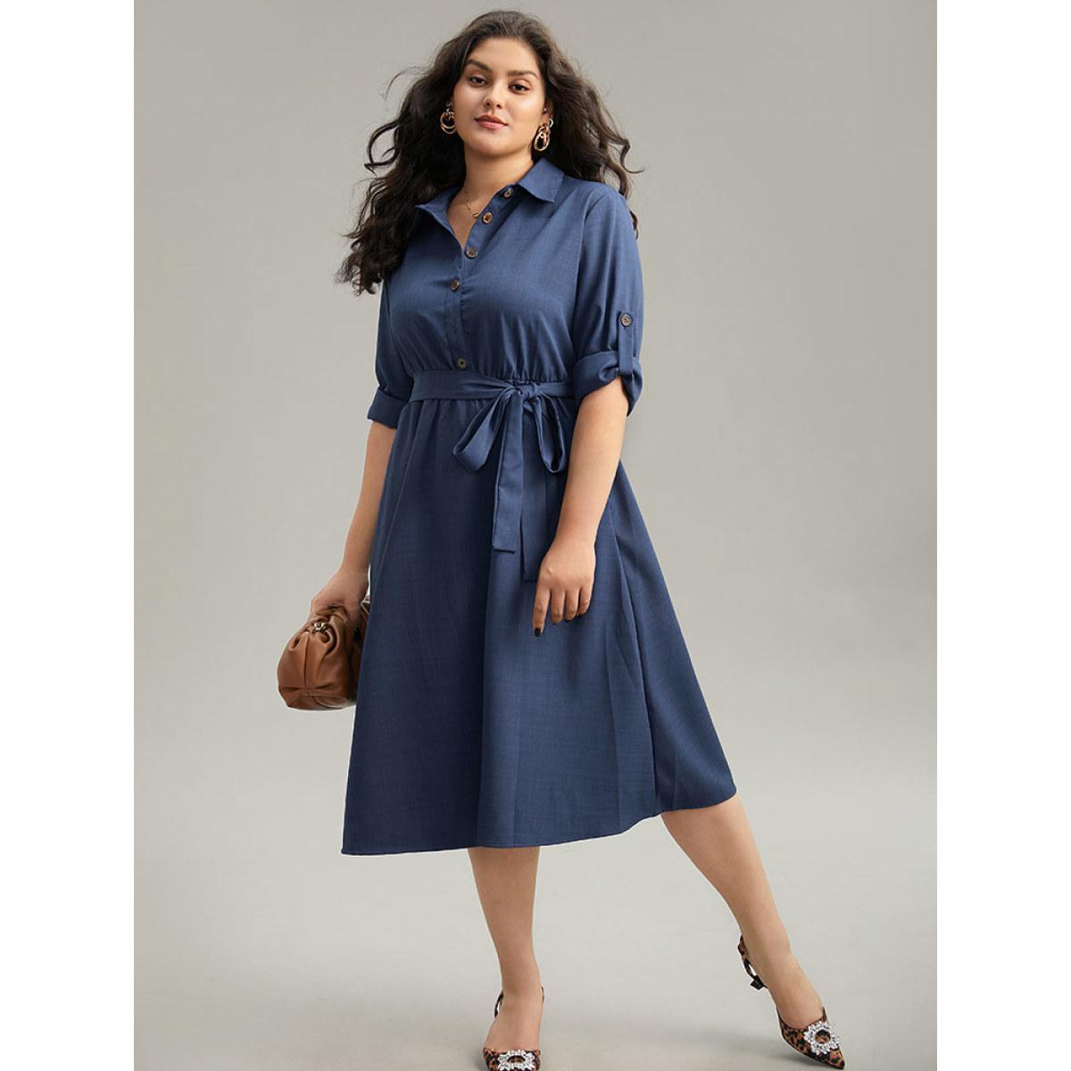 Plus Size Static-Free solid Belted Tab Sleeve Dress Indigo Women Office Plain Shirt collar Long Sleeve Curvy Midi Dress BloomChic 28/5X Product Image