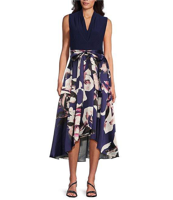 Ignite Evenings Floral Print Mikado Tie Waist V-Neck Sleeveless High-Low Midi Dress Product Image