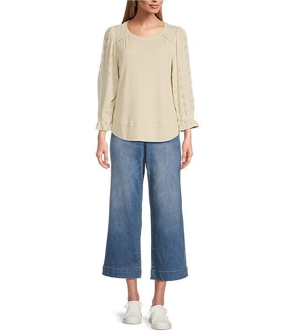 Nurture by Westbound Petite Size Knit 3/4 Sleeve Crew Neck Eyelet Detail Top Product Image