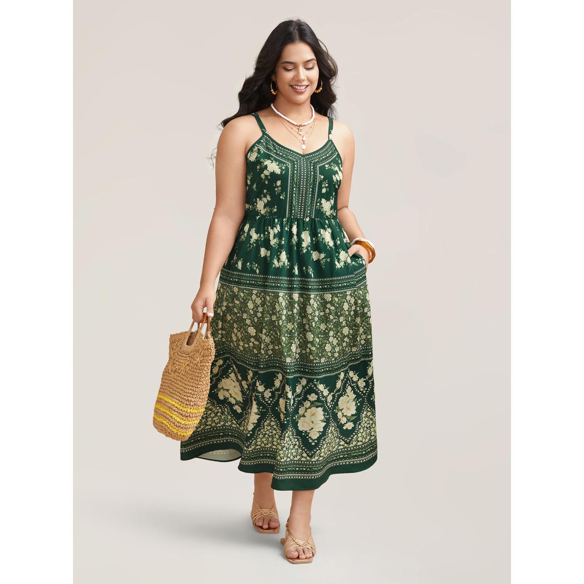 Plus Size Floral Print Off Sleeve Pockets Midi Dress DarkGreen Women Resort Non V-neck Sleeveless Curvy BloomChic 26/4X Product Image