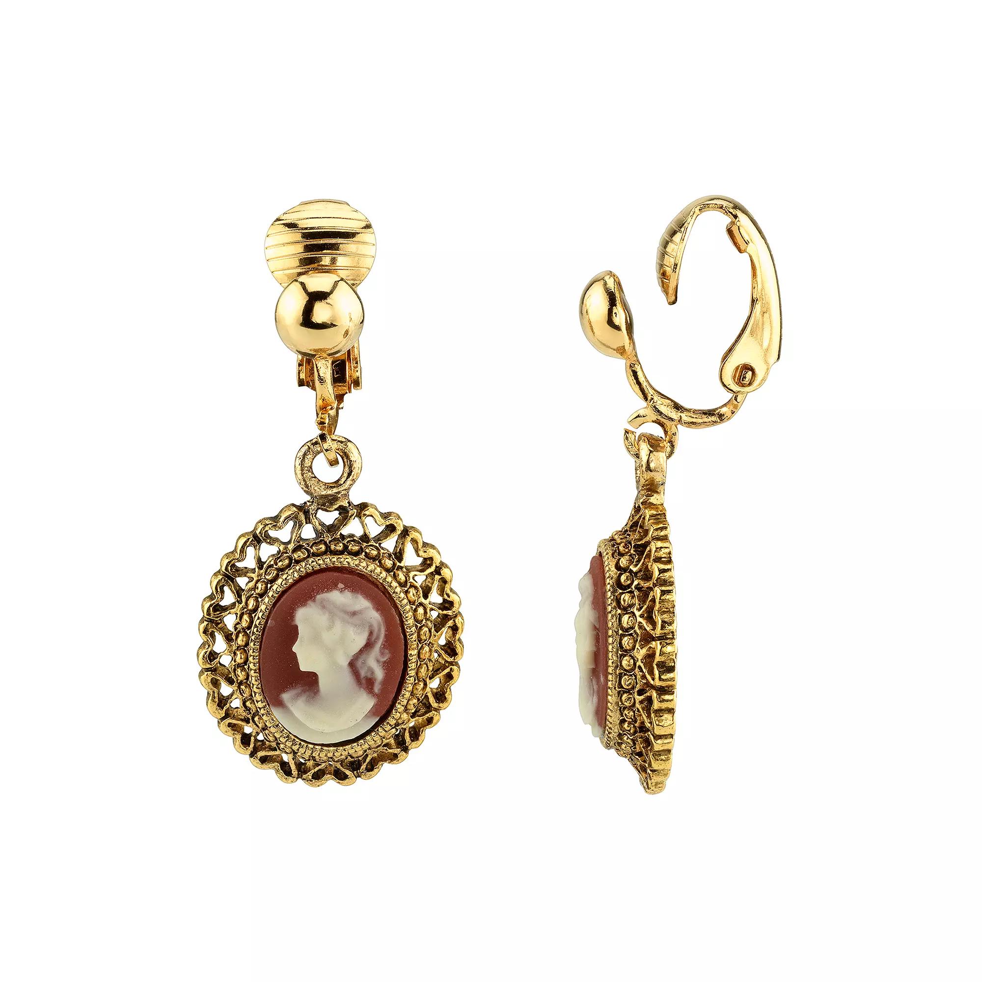 1928 Gold Tone Filigree Woman Cameo Detail Clip-On Drop Earrings, Womens, Orange Product Image