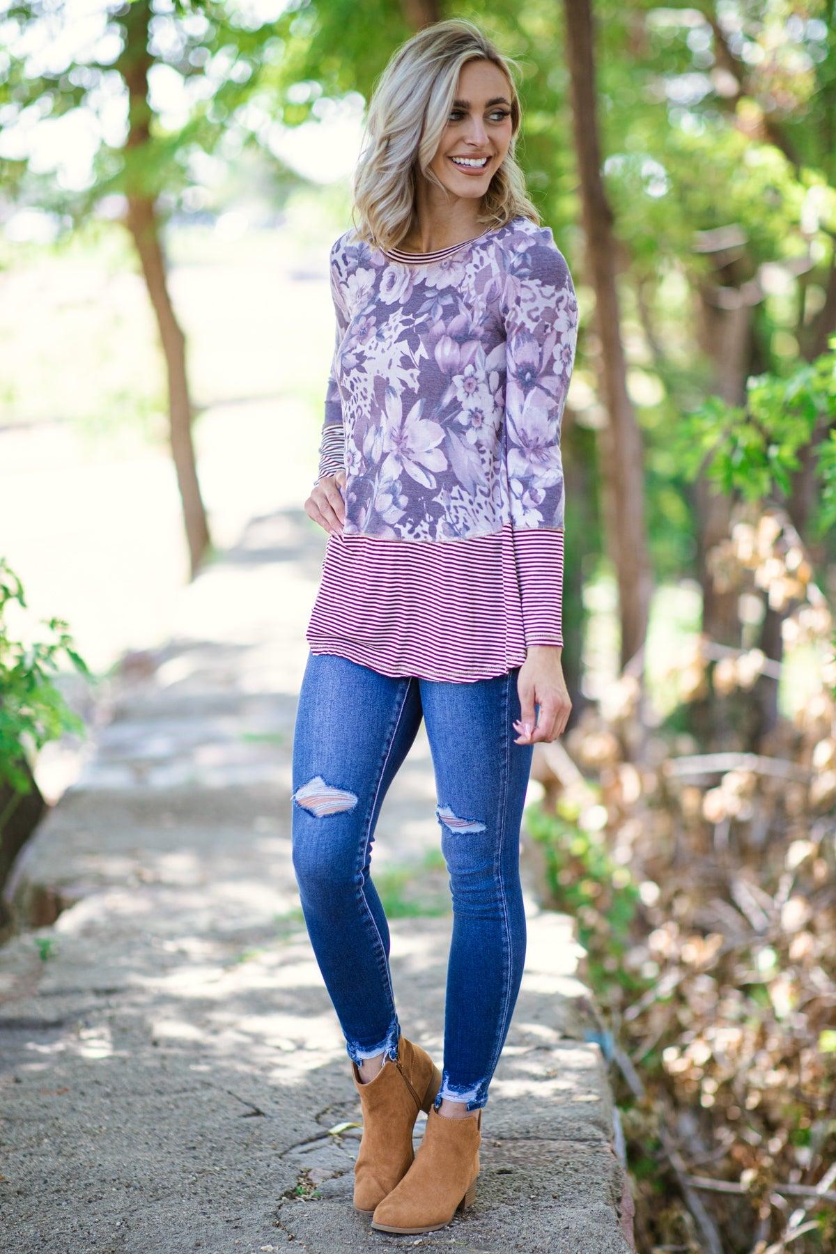 Burgundy Floral Print and Stripe Top Product Image